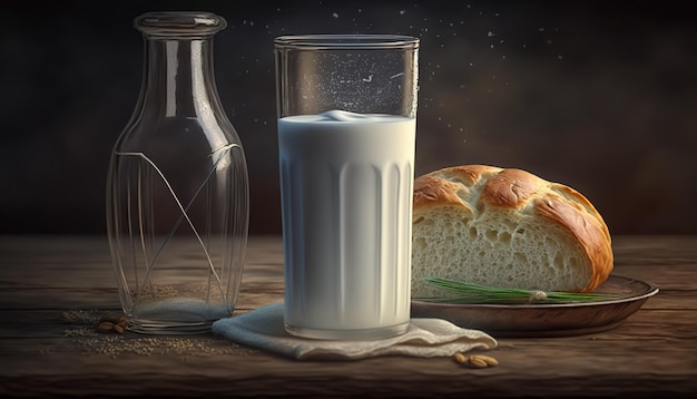 Free photo composition with milk and bread generative ai