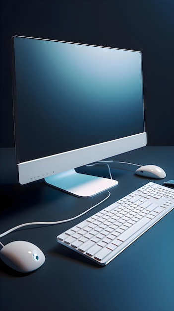 Free photo computer display with keyboard and mouse on dark background 3d rendering