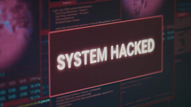 Free photo computer monitor showing hacked system alert message flashing on screen, dealing with hacking and cyber crime attack. display with security breach warning and malware threat. close up.