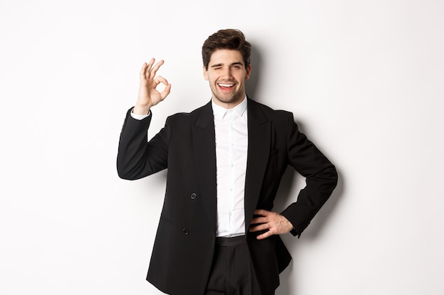 Concept of new year party, celebration and lifestyle. Portrait of confident, successful businessman in suit, showing okay sign and winking, approve something good, white background.