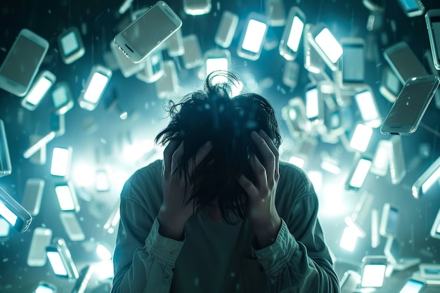 Concept of person suffering from cybersickness and technology addiction