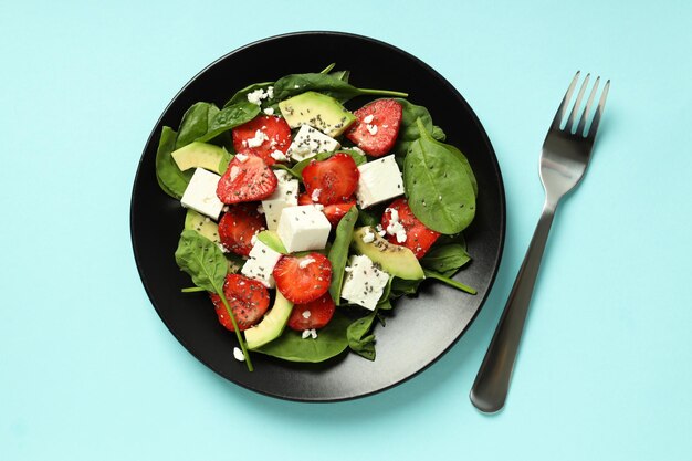 Concept of tasty food salad with strawberry top view