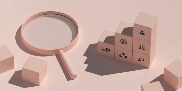 Free photo conceptual business illustration with pink pastel blocks icons and magnifying glass