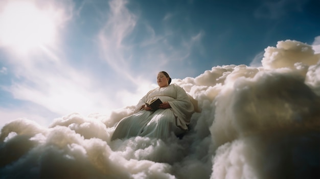 Free photo conceptual scene with people in the sky surrounded by clouds with  dreamy feeling