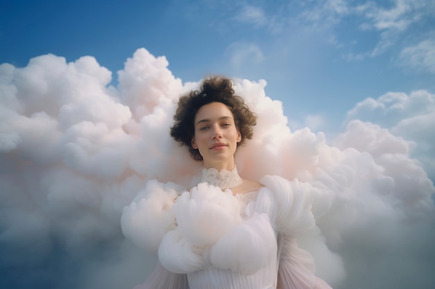 Free Photo conceptual scene with people in the sky surrounded by clouds with  dreamy feeling