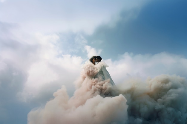 Free Photo conceptual scene with people in the sky surrounded by clouds with  dreamy feeling