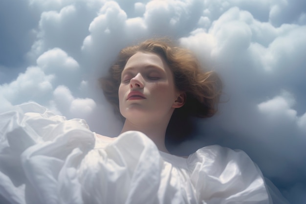 Free photo conceptual scene with people in the sky surrounded by clouds with  dreamy feeling