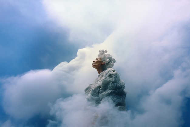 Free photo conceptual scene with people in the sky surrounded by clouds with  dreamy feeling