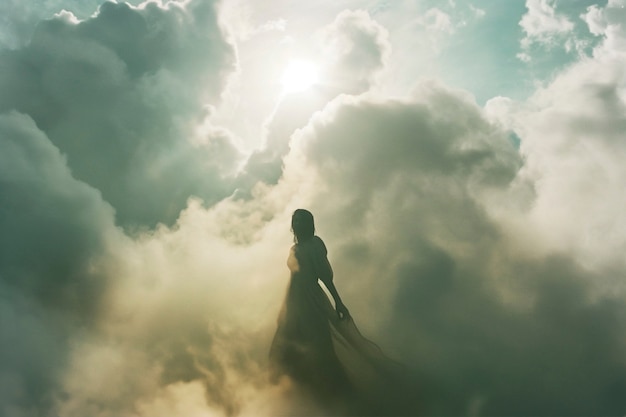 Free Photo conceptual scene with people in the sky surrounded by clouds with  dreamy feeling