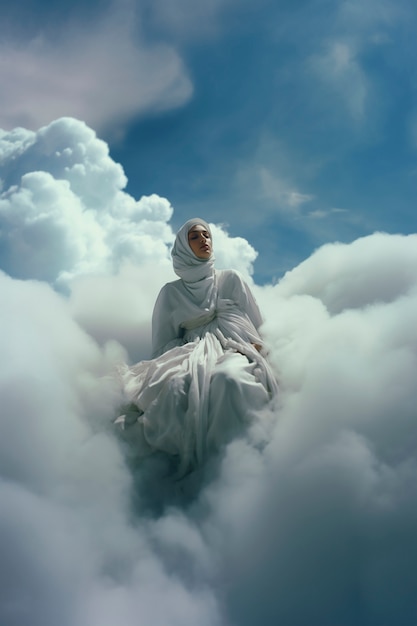 Free photo conceptual scene with people walking through the clouds