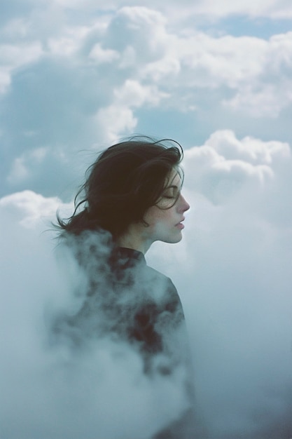 Free photo conceptual scene with people walking through the clouds