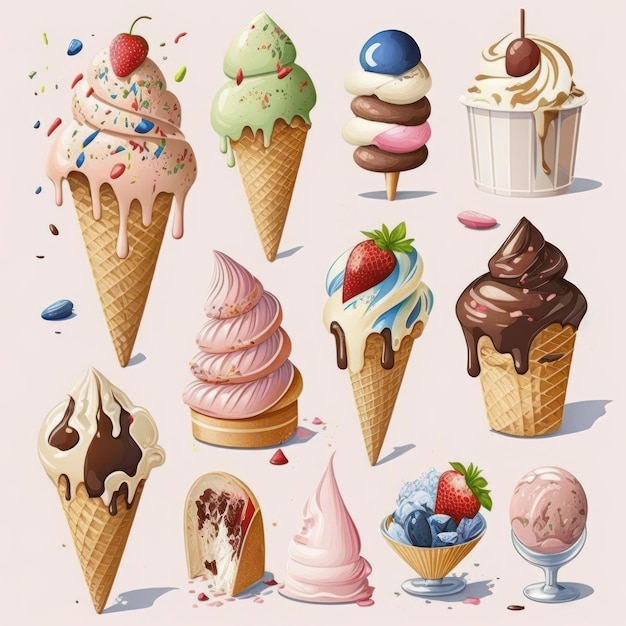 Free photo cone ice cream set isolated on pastel background