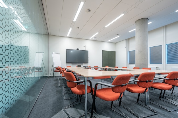 Free Photo conference room interior of a modern office with white walls and a monitor