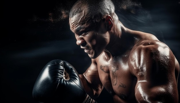 Confident athlete punching embodying masculinity and strength generated by AI