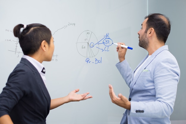 Free Photo confident businessman making notes on board for female colleague