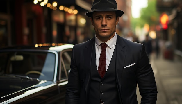 Confident businessman in a suit standing outdoors at night generated by artificial intelligence