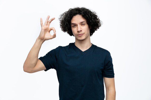 Confident young handsome man looking at camera doing ok sign isolated on white background