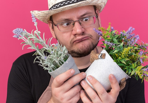 Confused young male gardener wearing gardening hat holding and looking at flowers in flowerpots isolated on pink wall