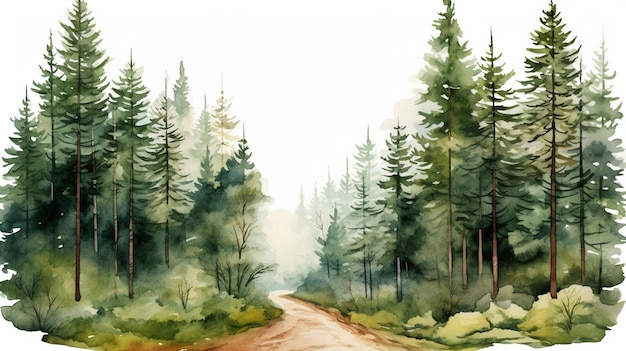 Free Photo conifer forest with a path in watercolor clipart style