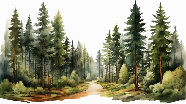 Free Photo conifer forest with a path in watercolor clipart style