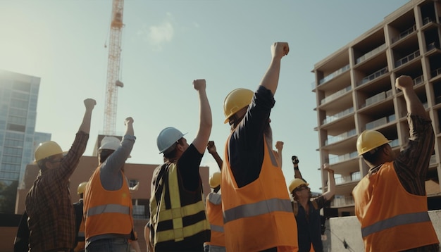 Construction workers in yellow vests and vests raise their hands in the air