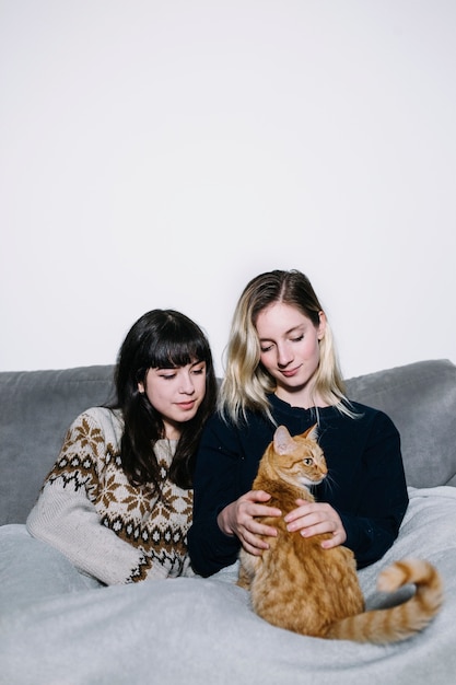 Free photo content women chilling with cat on couch