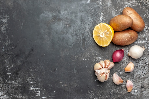 Cooking ingredients including potatoes and garlics