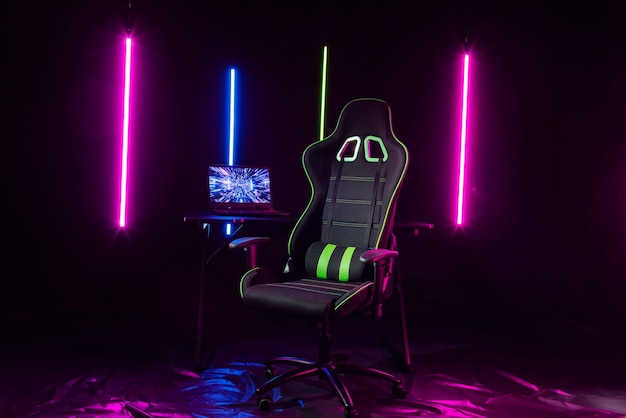 Free photo cool gaming setup with neon lights still life