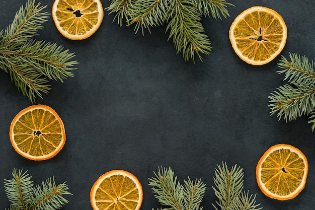 Copy space lemon slices and pine tree needles