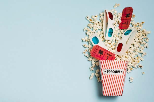 Copy-space popcorn with cinema tickets