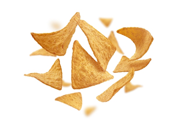 Free photo corn chips of triangular shape levitate on a white background