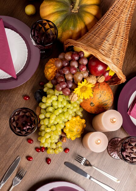 Cornucopia arrangement with delicious foods