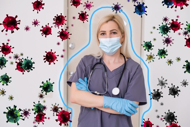 corona virus covid 19 protection concept, doctor hands protect symbol with covid icons in the blue background, copy space and web banner template.