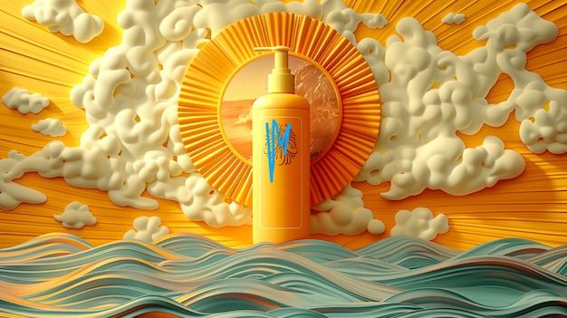 Free photo cosmetic bottle with luxurious art nouveau inspired sun relief background