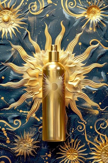 Free Photo cosmetic bottle with luxurious art nouveau inspired sun relief background