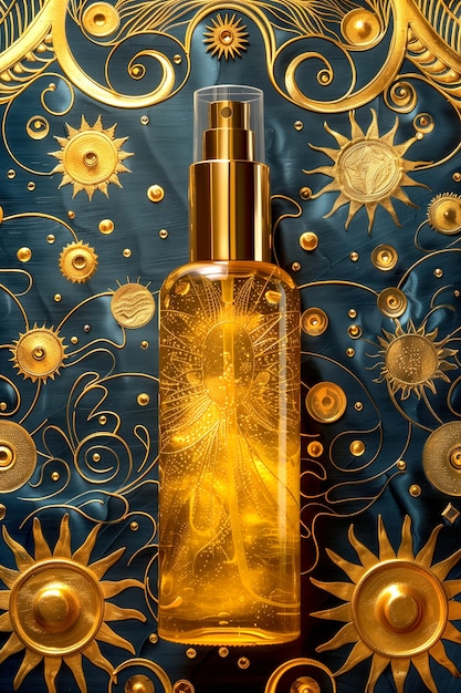 Free Photo cosmetic bottle with luxurious art nouveau inspired sun relief background