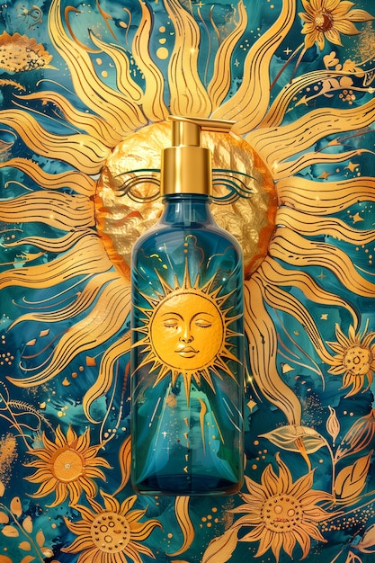 Free Photo cosmetic bottle with luxurious art nouveau inspired sun relief background