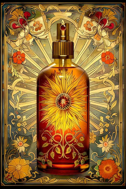 Free Photo cosmetic bottle with luxurious art nouveau inspired sun relief background