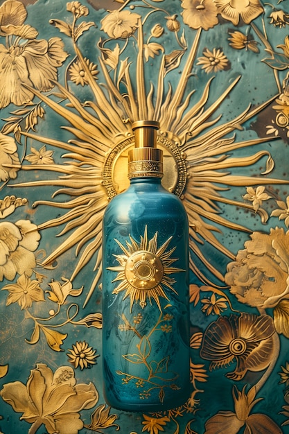 Cosmetic bottle with luxurious art nouveau inspired sun relief background