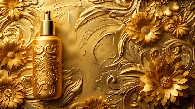 Free Photo cosmetic bottle with luxurious art nouveau inspired sun relief background