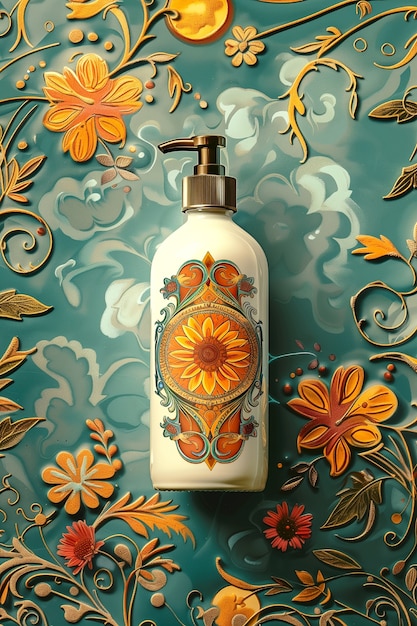 Free photo cosmetic bottle with luxurious art nouveau inspired sun relief background