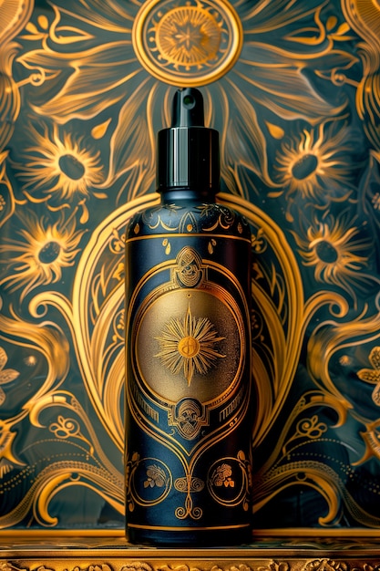 Free photo cosmetic bottle with luxurious art nouveau inspired sun relief background