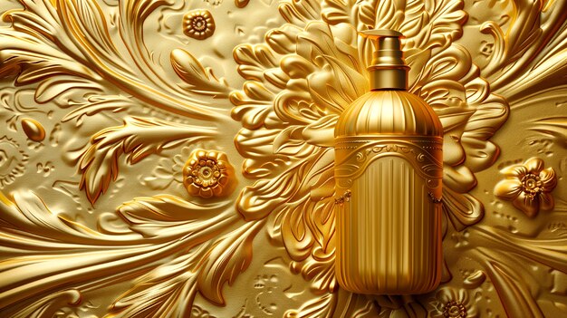 Cosmetic bottle with luxurious art nouveau inspired sun relief background