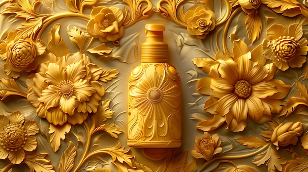 Cosmetic product container with art nouveau inspired sun relief background