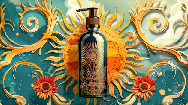 Free Photo cosmetic product container with art nouveau inspired sun relief background