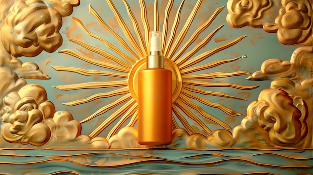 Cosmetic product container with art nouveau inspired sun relief background