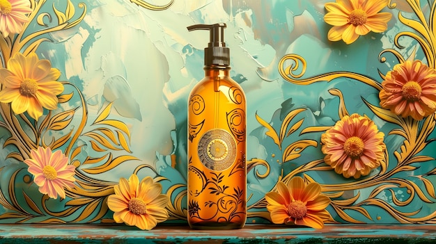 Free photo cosmetic product container with art nouveau inspired sun relief background