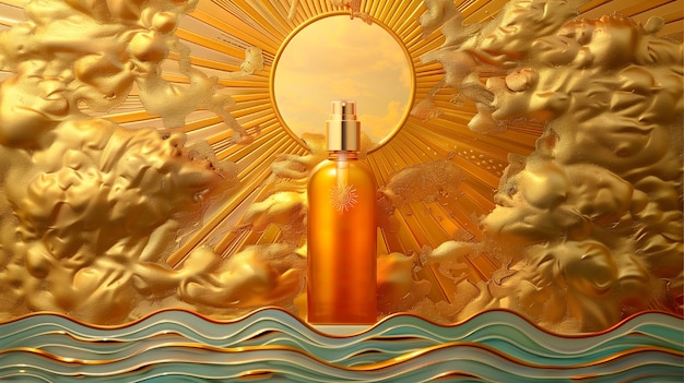 Cosmetic product container with art nouveau inspired sun relief background