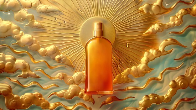 Cosmetic product container with art nouveau inspired sun relief background