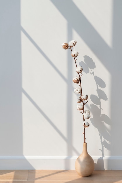 Free Photo cotton flower in a vase on a wooden floor